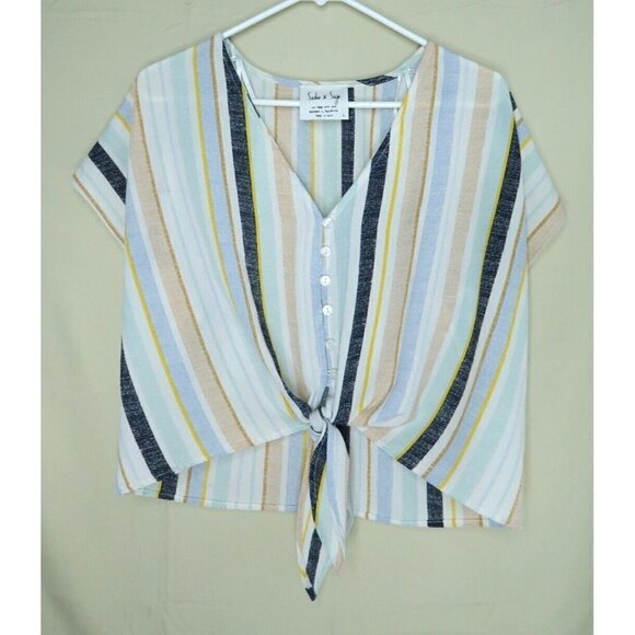 Sadie and Sage Cream Gray Striped Tie Front Crepe Short Sleeves Womens Sz Small - Picture 1 of 9